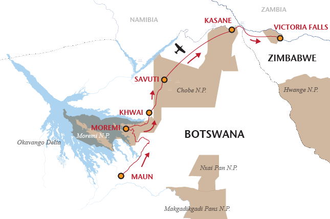 12 night Botswana moremi savuti chobe camping safari map